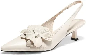 Coutgo Womens Slingback Kitten Heels Flower Closed Pointed Toe Pumps Wedding Party Dress Sandals Shoes