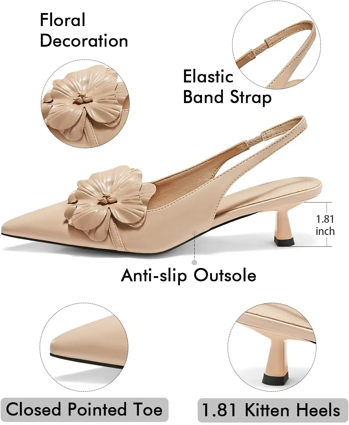 Coutgo Womens Slingback Kitten Heels Flower Closed Pointed Toe Pumps Wedding Party Dress Sandals Shoes