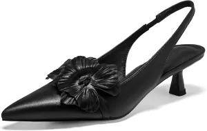 Coutgo Womens Slingback Kitten Heels Flower Closed Pointed Toe Pumps Wedding Party Dress Sandals Shoes