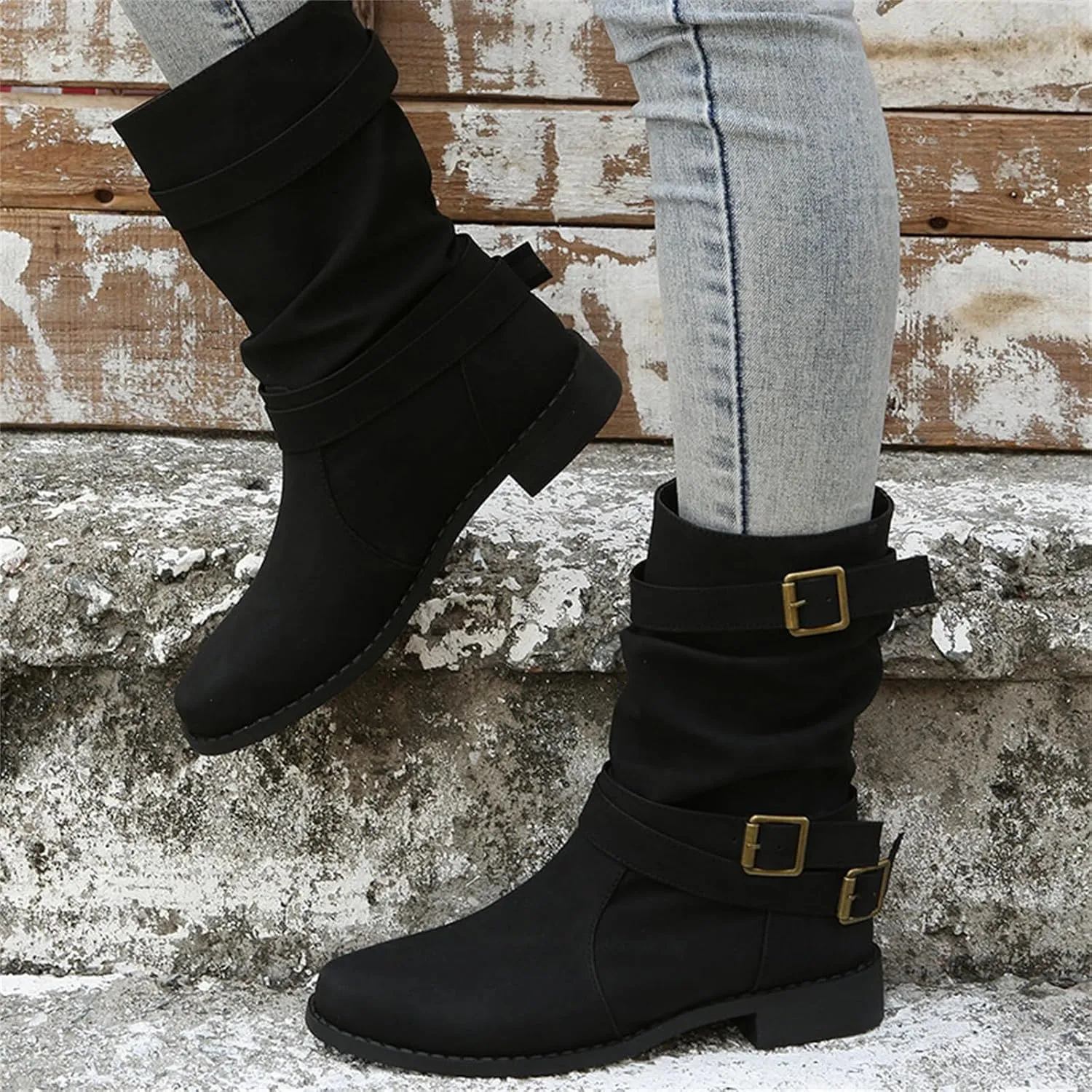 Cowgirl Boots Women Short Heel Combat booties Mid-Calf boots Ankle Military Shoes Motorcycle Riding Biker Dress booties