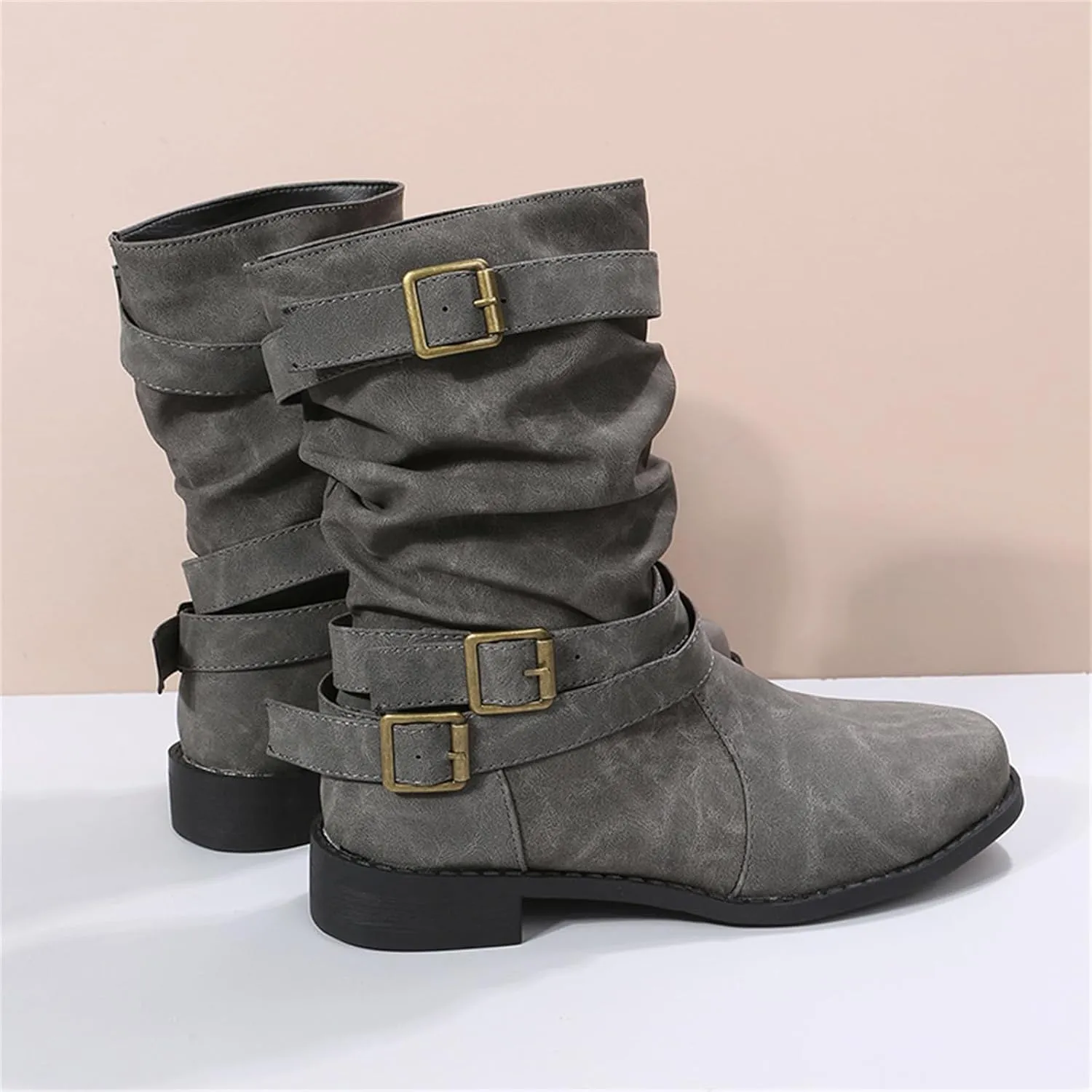 Cowgirl Boots Women Short Heel Combat booties Mid-Calf boots Ankle Military Shoes Motorcycle Riding Biker Dress booties