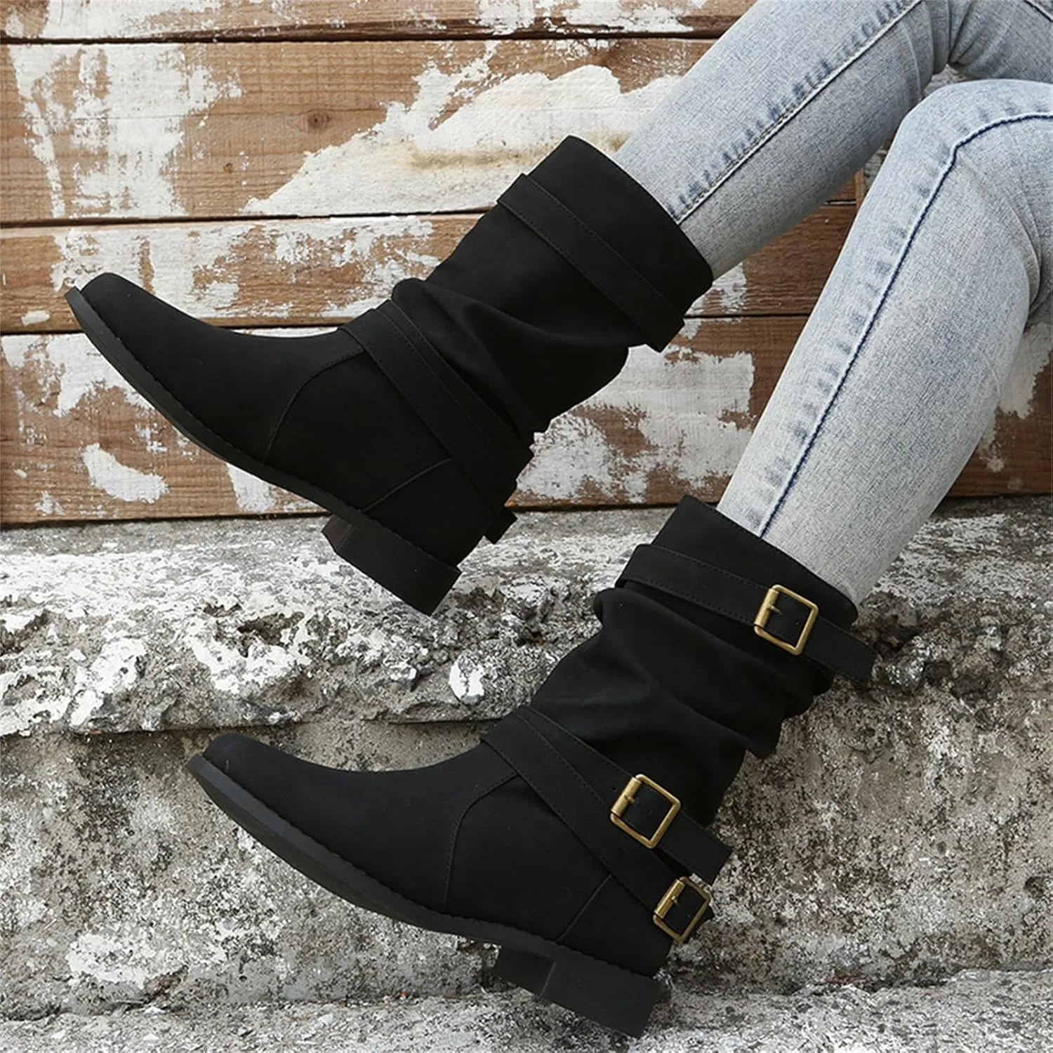 Cowgirl Boots Women Short Heel Combat booties Mid-Calf boots Ankle Military Shoes Motorcycle Riding Biker Dress booties