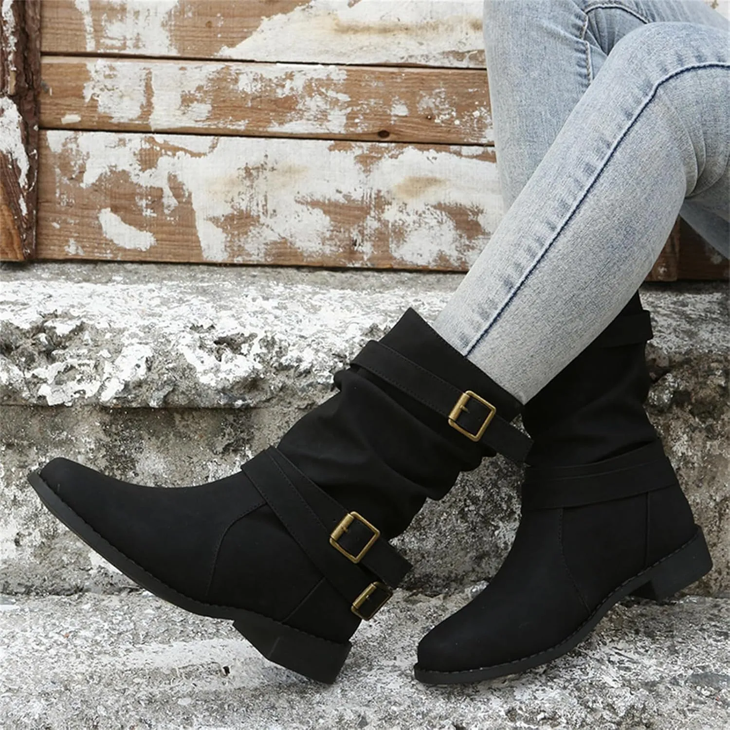 Cowgirl Boots Women Short Heel Combat booties Mid-Calf boots Ankle Military Shoes Motorcycle Riding Biker Dress booties