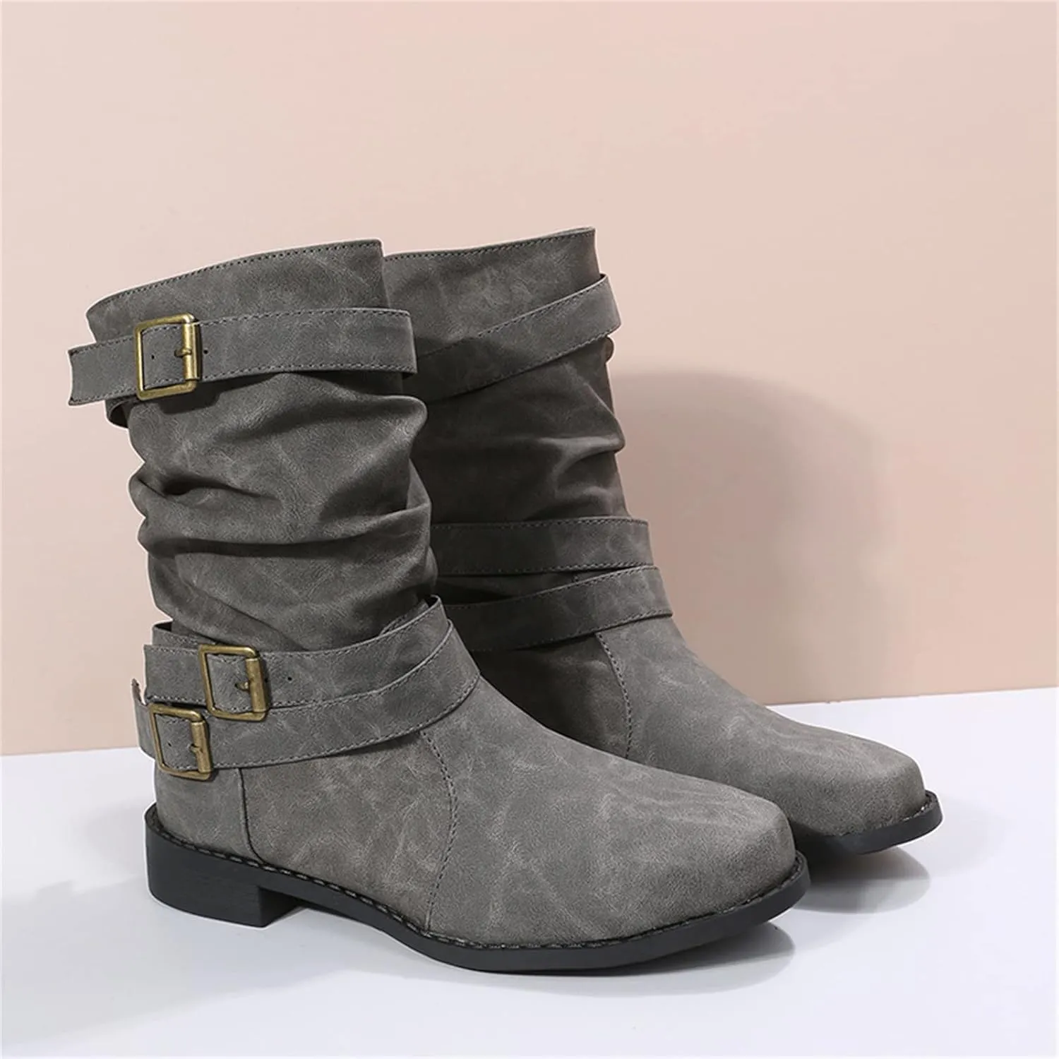 Cowgirl Boots Women Short Heel Combat booties Mid-Calf boots Ankle Military Shoes Motorcycle Riding Biker Dress booties