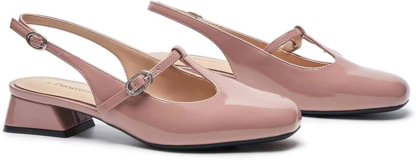 C.Paravano Mary Jane Slingback Pumps Round Toe Low Heels T Strap Slingback Heels Women Sling Back Slip On Party Dress Work Shoes