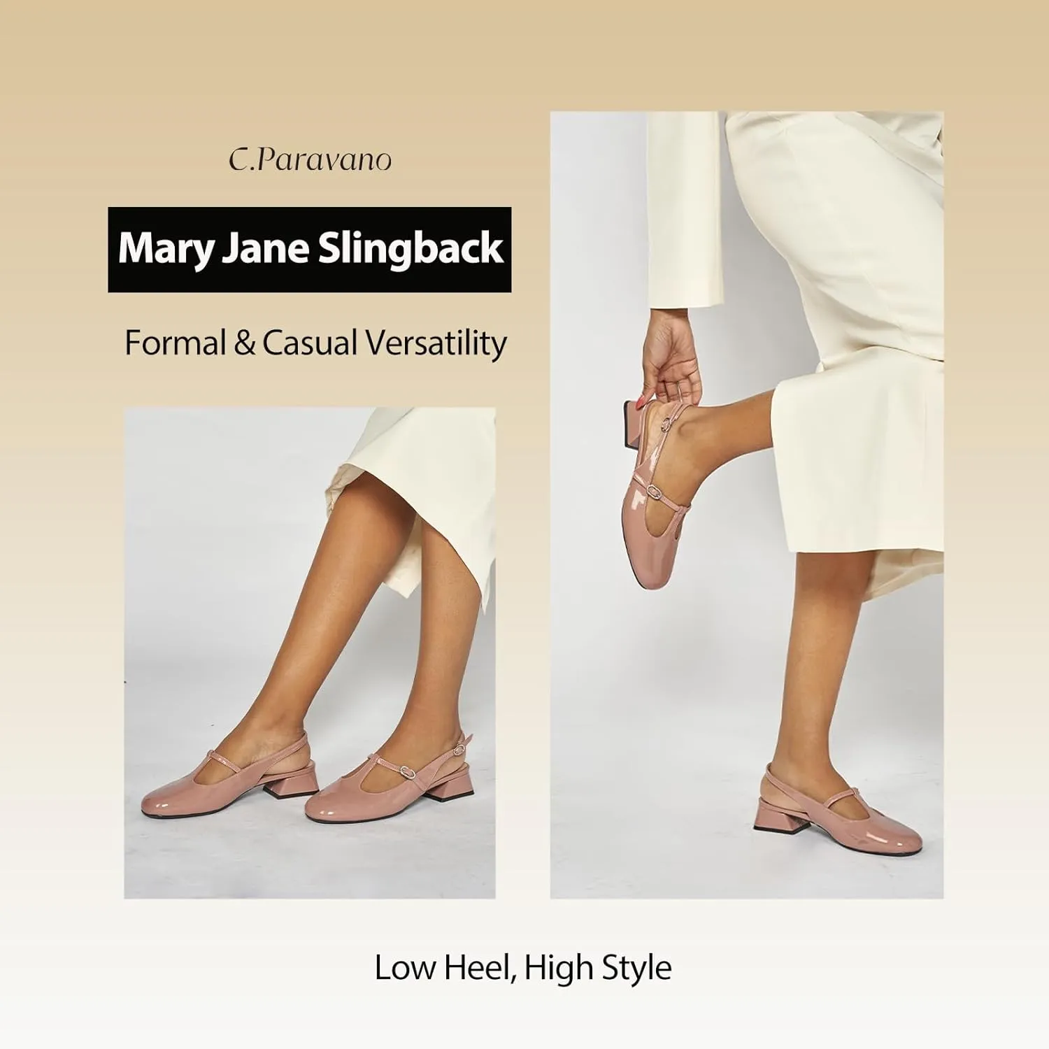 C.Paravano Mary Jane Slingback Pumps Round Toe Low Heels T Strap Slingback Heels Women Sling Back Slip On Party Dress Work Shoes