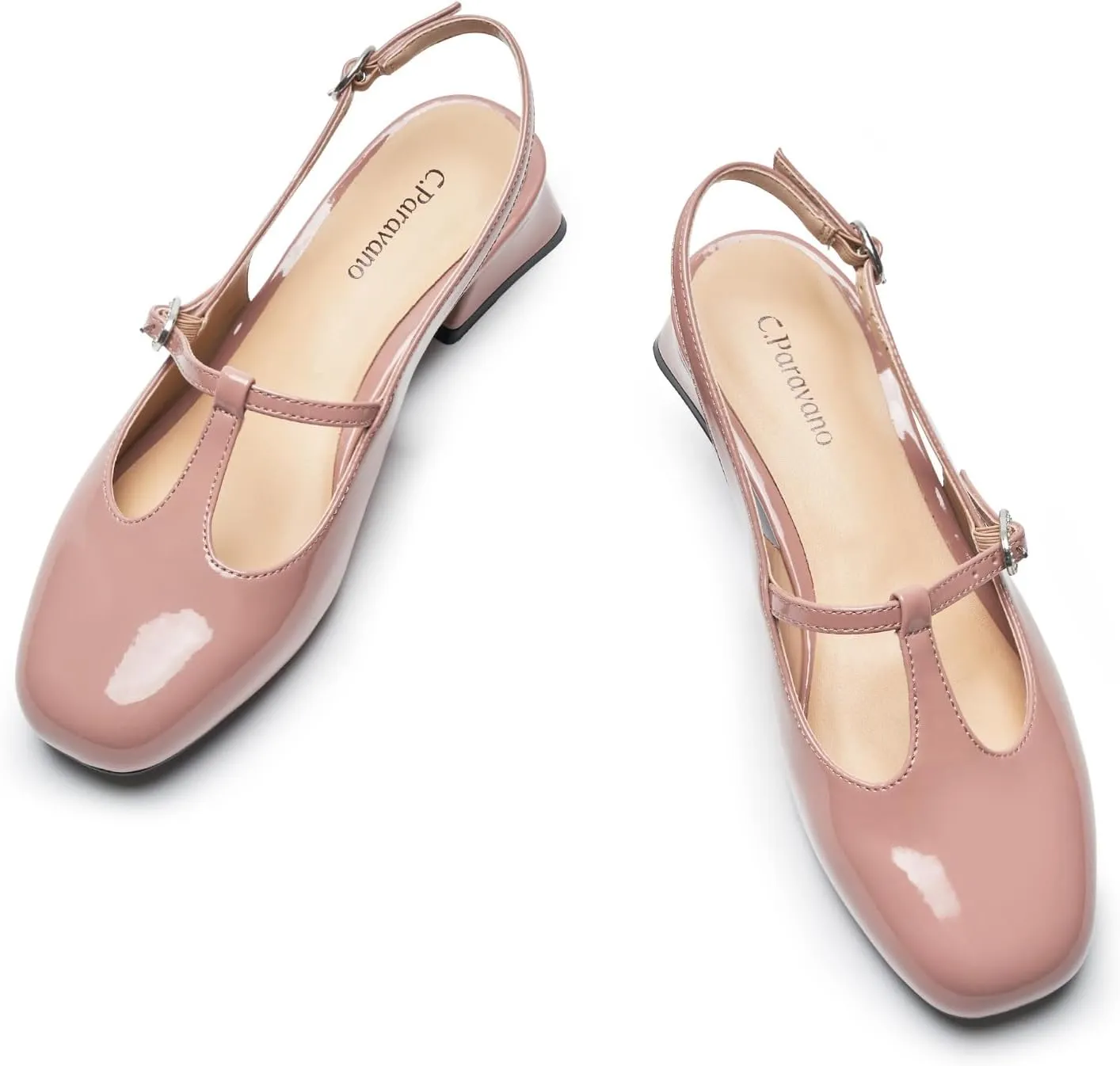 C.Paravano Mary Jane Slingback Pumps Round Toe Low Heels T Strap Slingback Heels Women Sling Back Slip On Party Dress Work Shoes