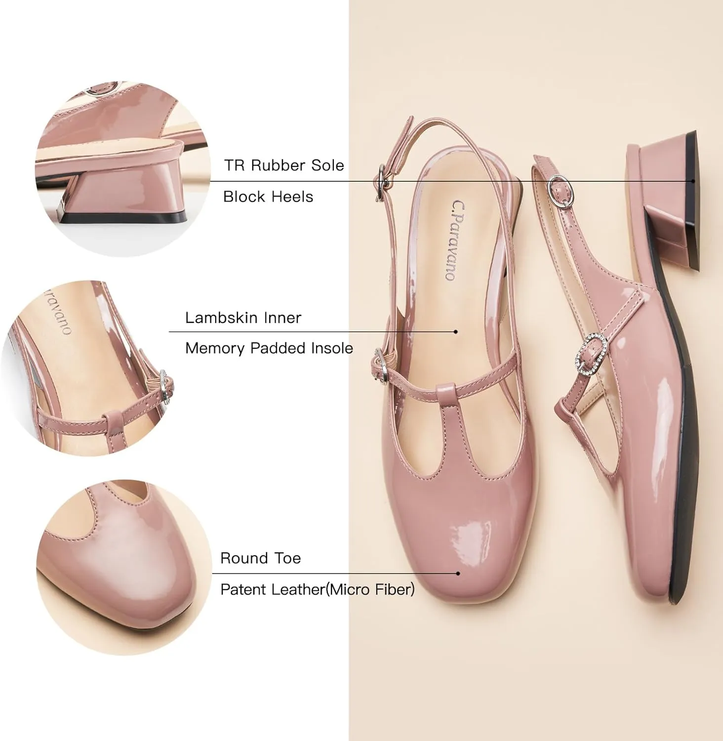 C.Paravano Mary Jane Slingback Pumps Round Toe Low Heels T Strap Slingback Heels Women Sling Back Slip On Party Dress Work Shoes