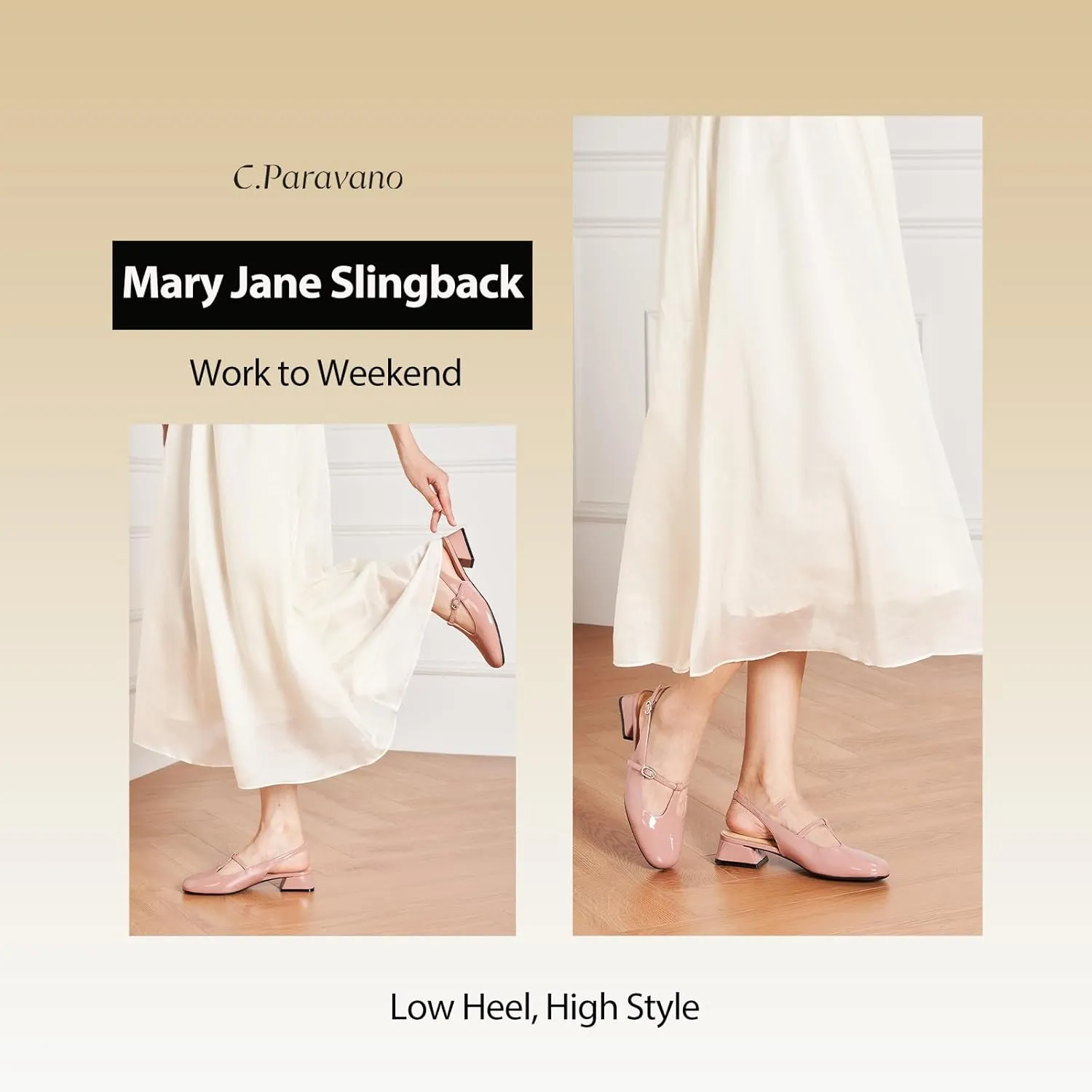 C.Paravano Mary Jane Slingback Pumps Round Toe Low Heels T Strap Slingback Heels Women Sling Back Slip On Party Dress Work Shoes