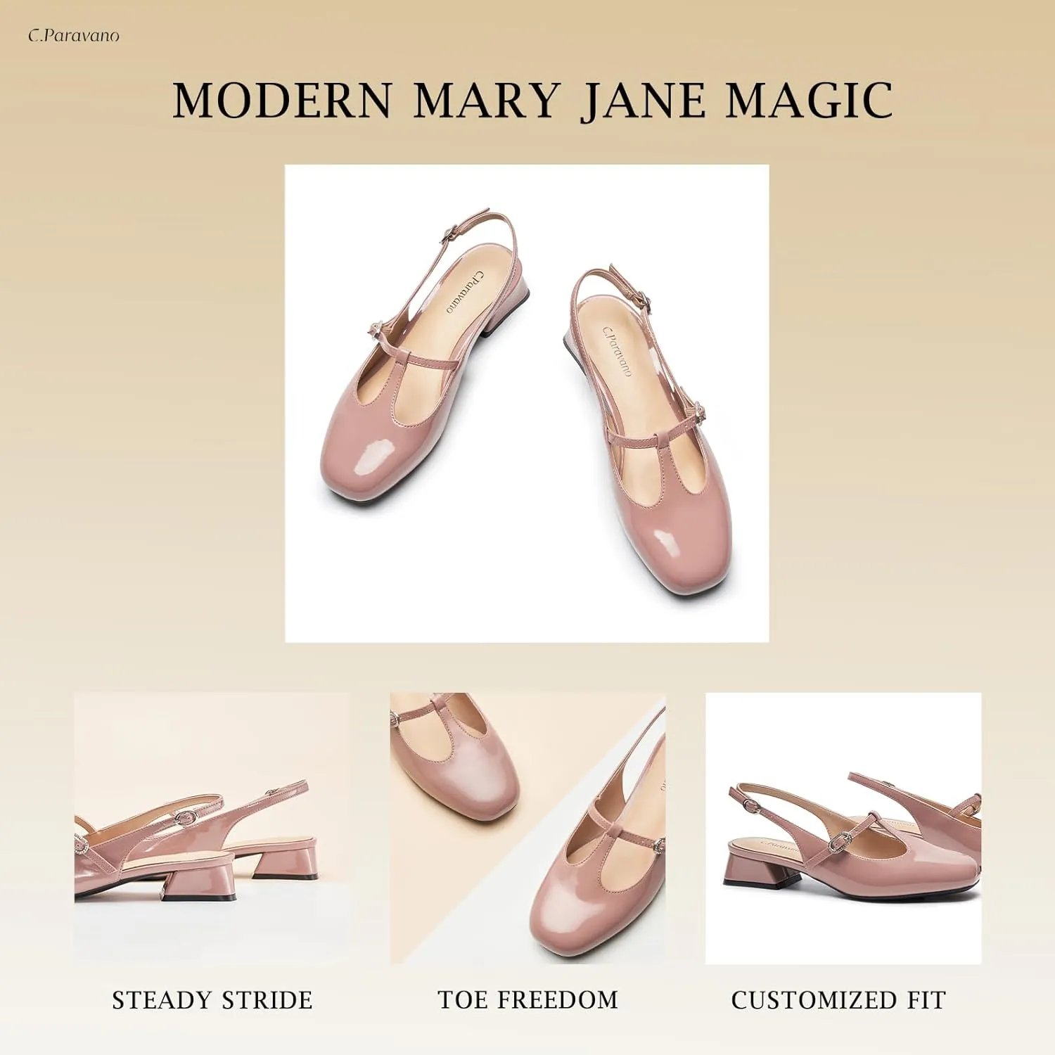 C.Paravano Mary Jane Slingback Pumps Round Toe Low Heels T Strap Slingback Heels Women Sling Back Slip On Party Dress Work Shoes