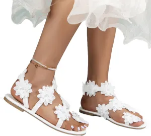 DOIX Women Thong Sandals Ladies Bohemia Pearl Flowers Flat Flip Flops Summer Toe Ring Casual Roman Sandals Slip on Open Toe Dress Shoes Ethnic Style Walking Shoes,White,US6/EU37