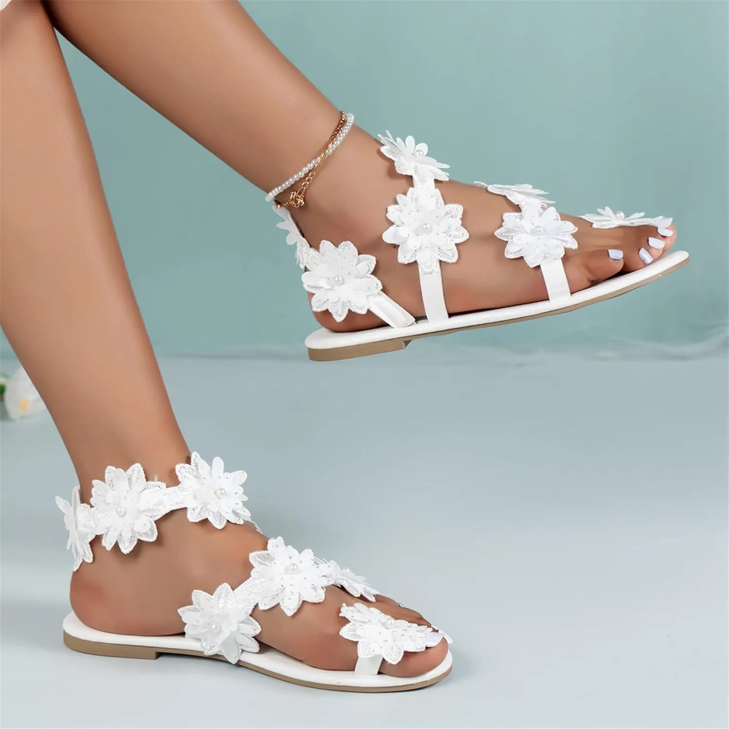 DOIX Women Thong Sandals Ladies Bohemia Pearl Flowers Flat Flip Flops Summer Toe Ring Casual Roman Sandals Slip on Open Toe Dress Shoes Ethnic Style Walking Shoes,White,US6/EU37