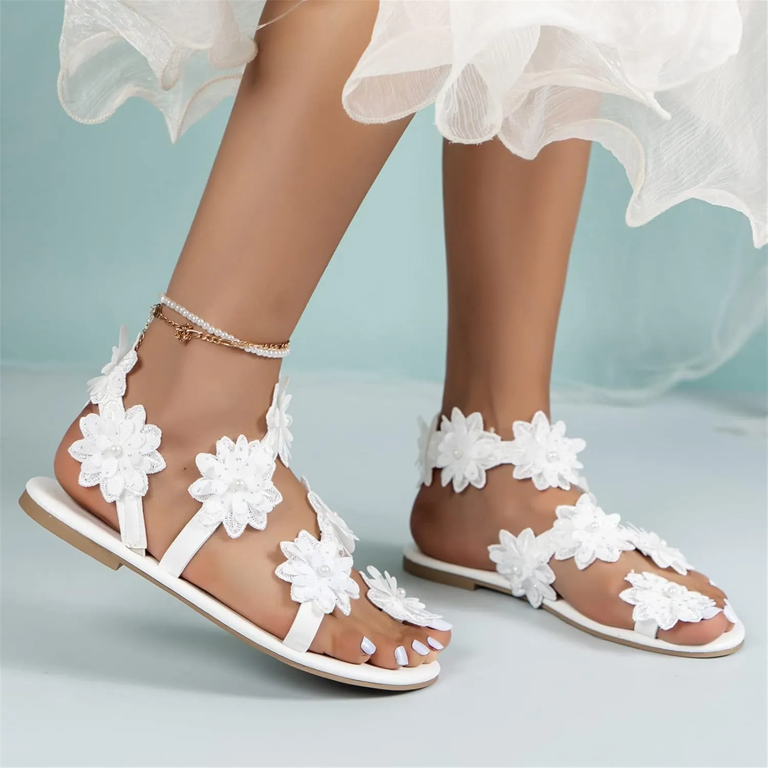 DOIX Women Thong Sandals Ladies Bohemia Pearl Flowers Flat Flip Flops Summer Toe Ring Casual Roman Sandals Slip on Open Toe Dress Shoes Ethnic Style Walking Shoes,White,US6/EU37