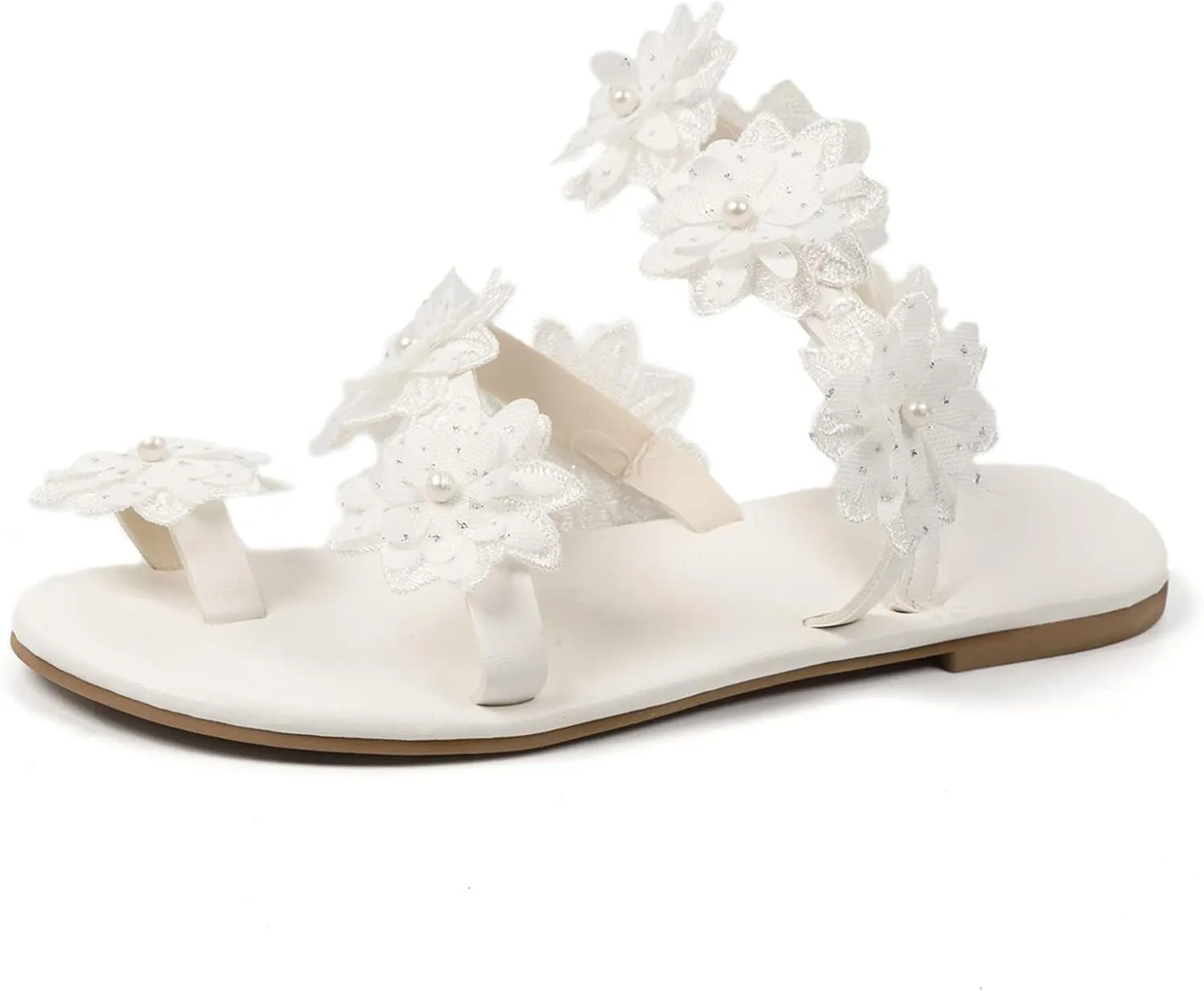 DOIX Women Thong Sandals Ladies Bohemia Pearl Flowers Flat Flip Flops Summer Toe Ring Casual Roman Sandals Slip on Open Toe Dress Shoes Ethnic Style Walking Shoes,White,US6/EU37