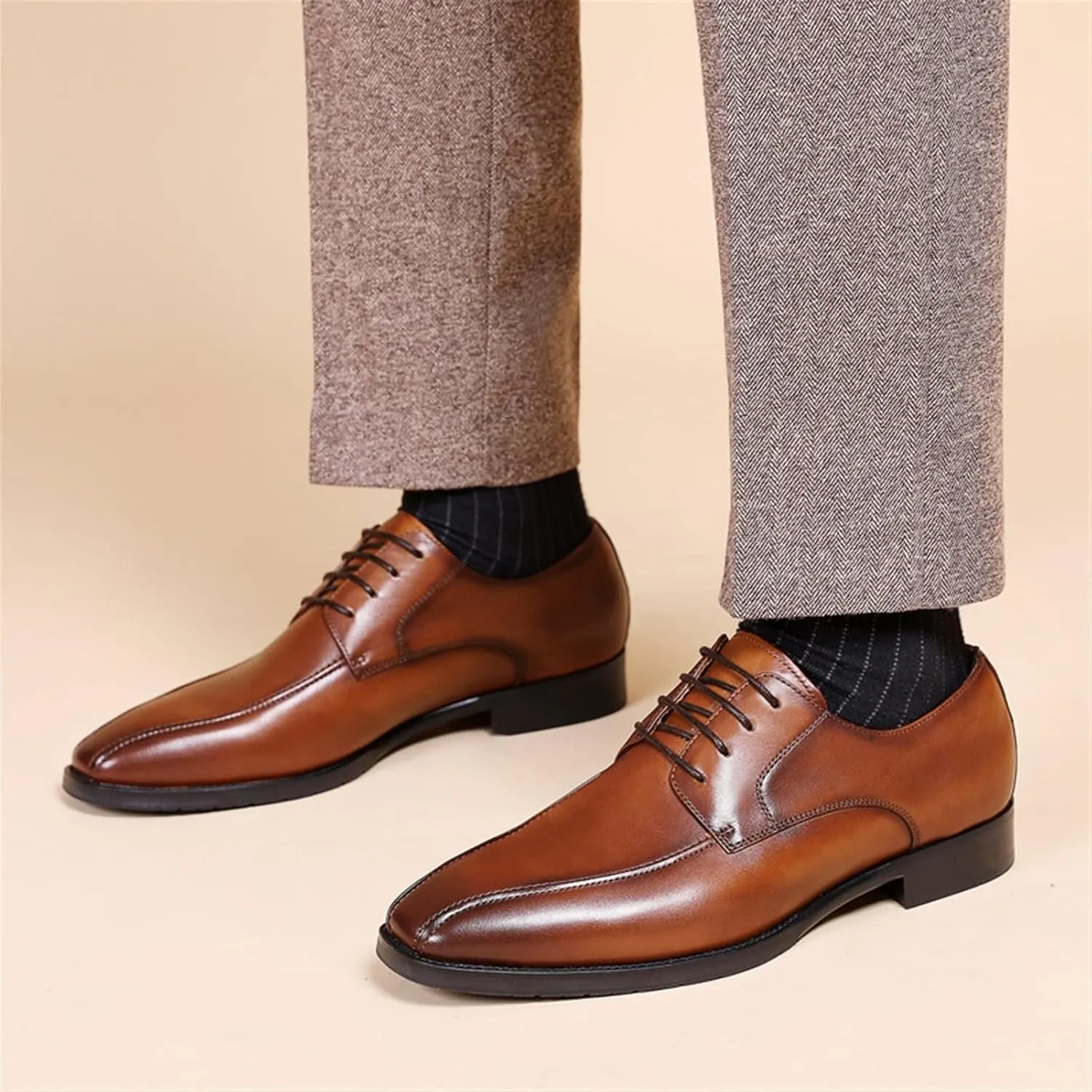Dress Oxford for Men Lace Up Bike Toe Derby Shoes Vegan Leather Anti-Slip Rubber Sole Block Heel Non Slip Low Top Business