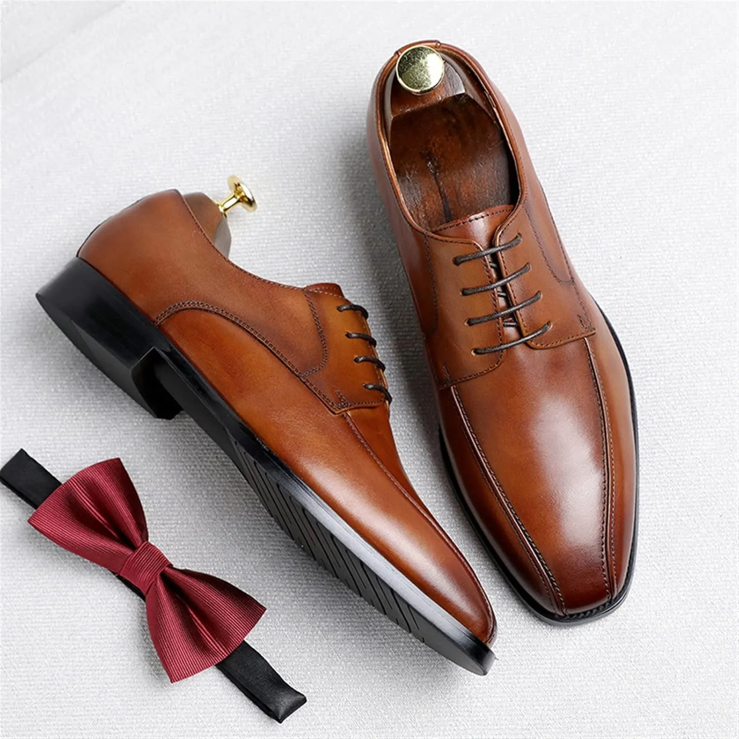 Dress Oxford for Men Lace Up Bike Toe Derby Shoes Vegan Leather Anti-Slip Rubber Sole Block Heel Non Slip Low Top Business