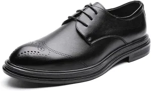 Dress Oxford for Men Lace Up Brogue Embossed Wing tip Round Burnished Toe Vegan Leather Rubber Sole Block Heel Anti-Slip Party