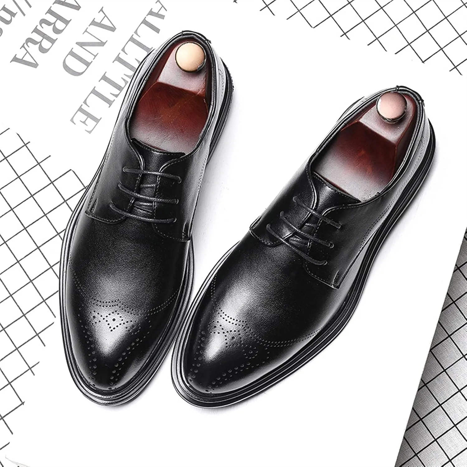 Dress Oxford for Men Lace Up Brogue Embossed Wing tip Round Burnished Toe Vegan Leather Rubber Sole Block Heel Anti-Slip Party