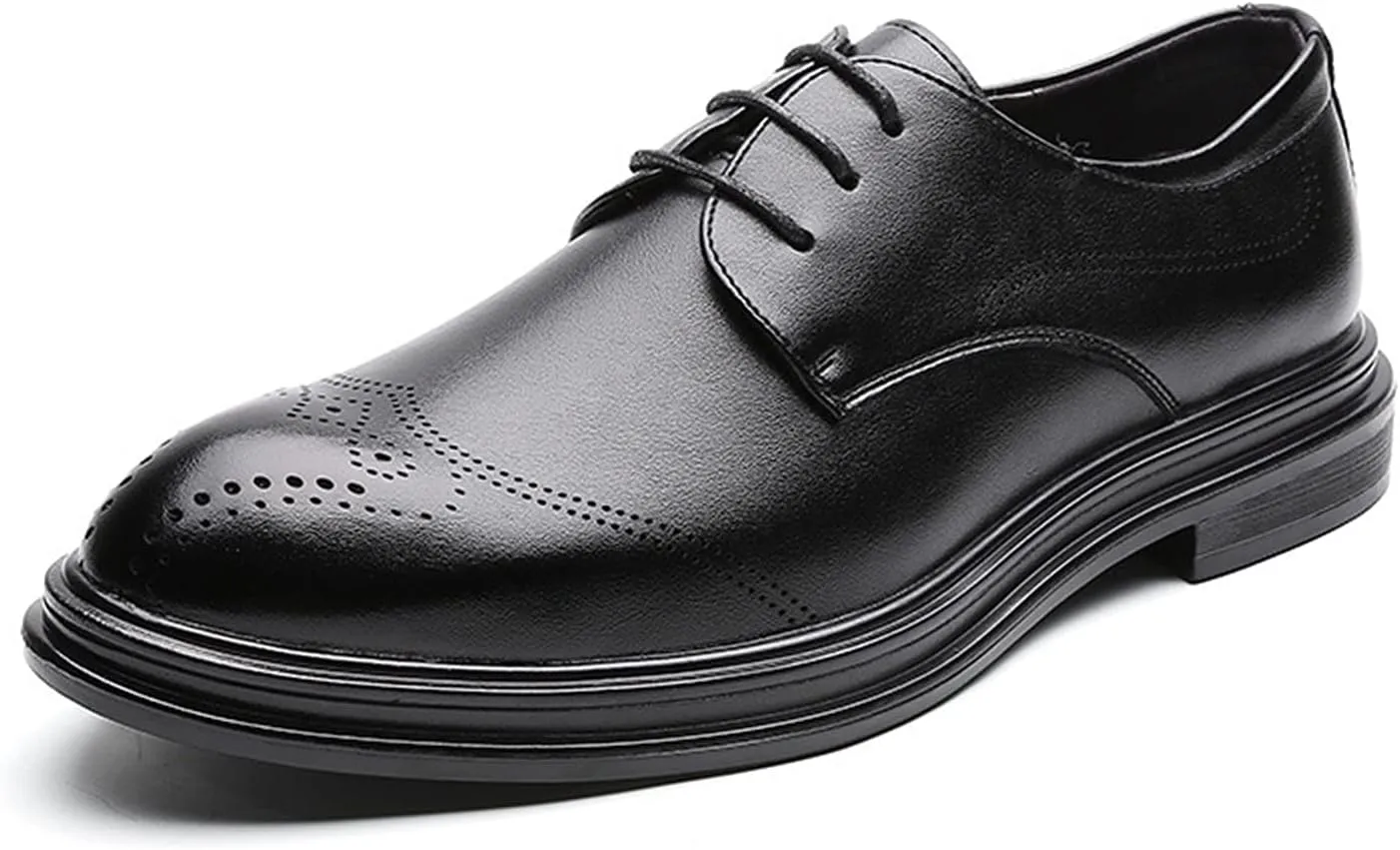 Dress Oxford for Men Lace Up Brogue Embossed Wing tip Round Burnished Toe Vegan Leather Rubber Sole Block Heel Anti-Slip Party