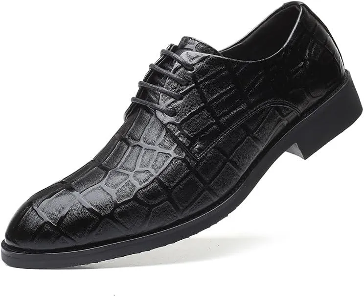 Dress Oxford for Men Lace Up Pointed Toe Vegan Leather Stone Pattern Derby Shoes Low Top Non Slip Anti-Slip Rubber Sole Block Heel Wedding(7)