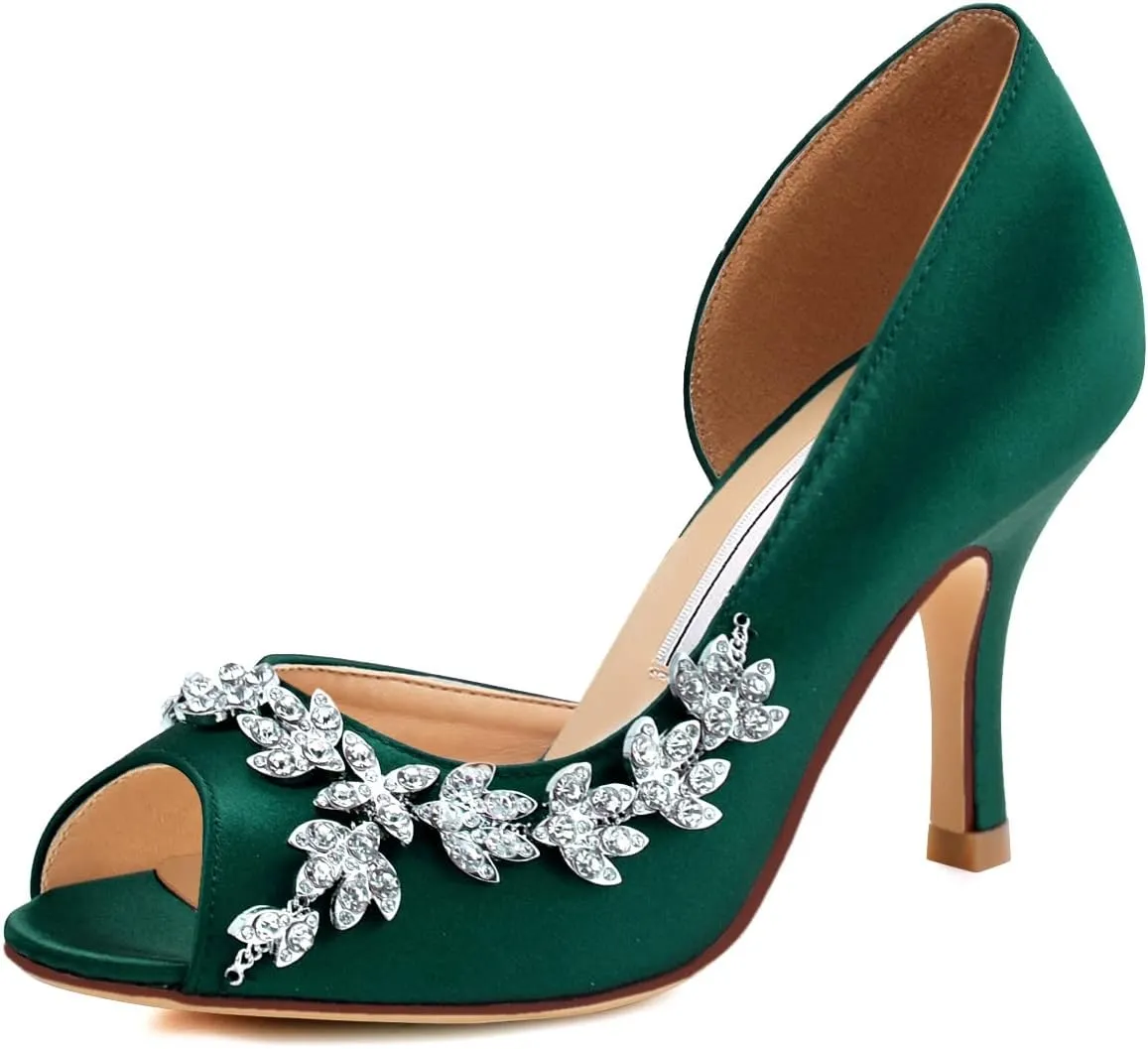 ELEGANTPARK Wedding Heels for Women Peep Toe Wedding Shoes for Bride High Heel Pumps Rhinestones Bridal Shoes Satin Evening Party Prom Dress Pumps