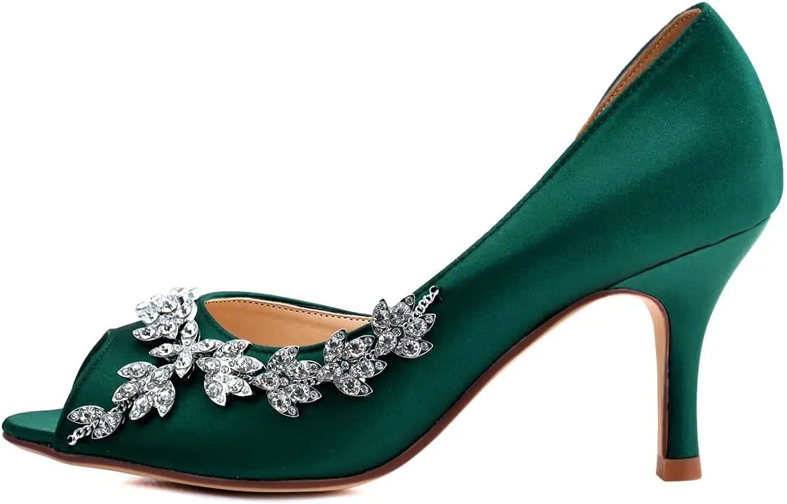 ELEGANTPARK Wedding Heels for Women Peep Toe Wedding Shoes for Bride High Heel Pumps Rhinestones Bridal Shoes Satin Evening Party Prom Dress Pumps
