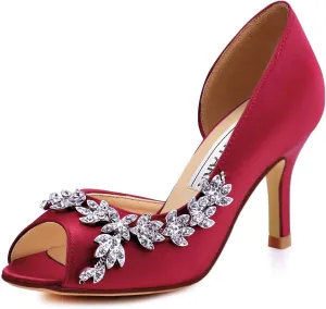 ELEGANTPARK Wedding Heels for Women Peep Toe Wedding Shoes for Bride High Heel Pumps Rhinestones Bridal Shoes Satin Evening Party Prom Dress Pumps