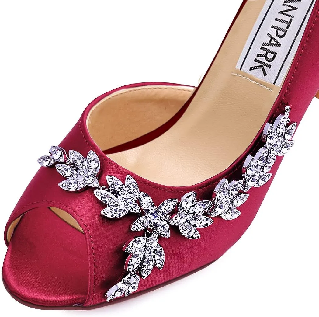 ELEGANTPARK Wedding Heels for Women Peep Toe Wedding Shoes for Bride High Heel Pumps Rhinestones Bridal Shoes Satin Evening Party Prom Dress Pumps