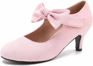 Enelauge Women's Bow Mary Jane Pumps Low Kitten Heels Round Toe Ankle Strap Wedding Office Work Dress Evening Party Shoes