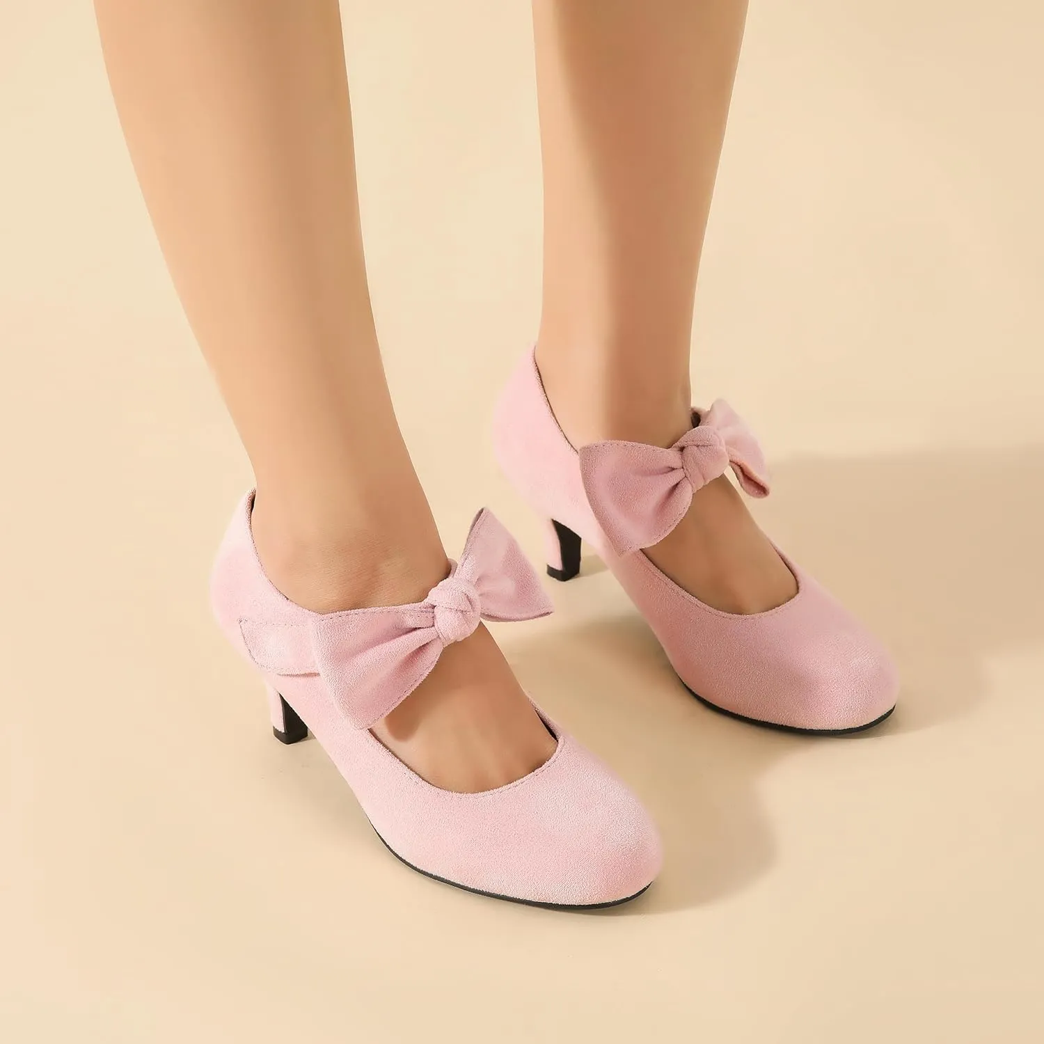 Enelauge Women's Bow Mary Jane Pumps Low Kitten Heels Round Toe Ankle Strap Wedding Office Work Dress Evening Party Shoes