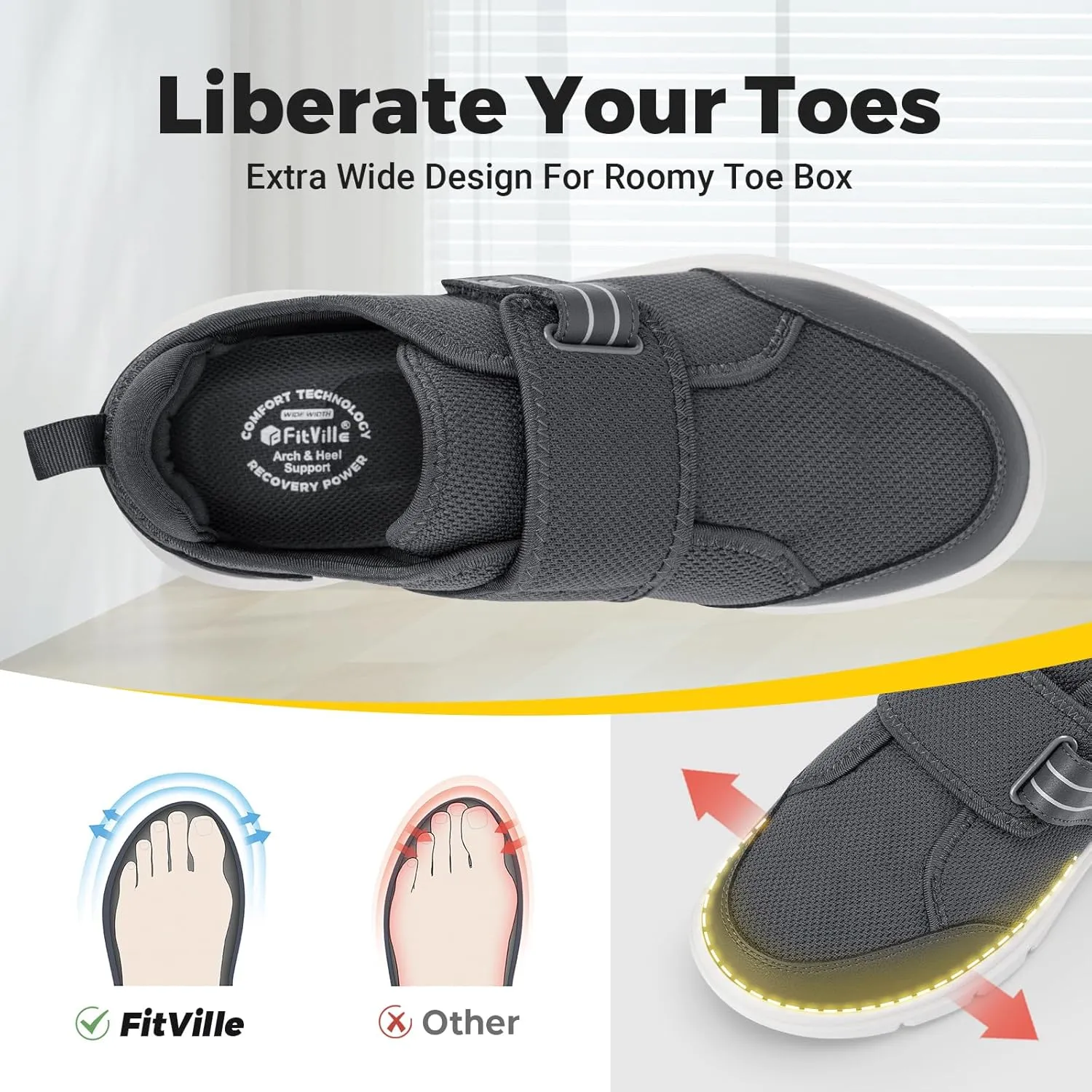 FitVille Diabetic Shoes for Men Extra Wide, Hook and Loop Walking Shoes for Elderly for Swollen Feet Foot Pain Relief Neuropathy - EasyTop V10