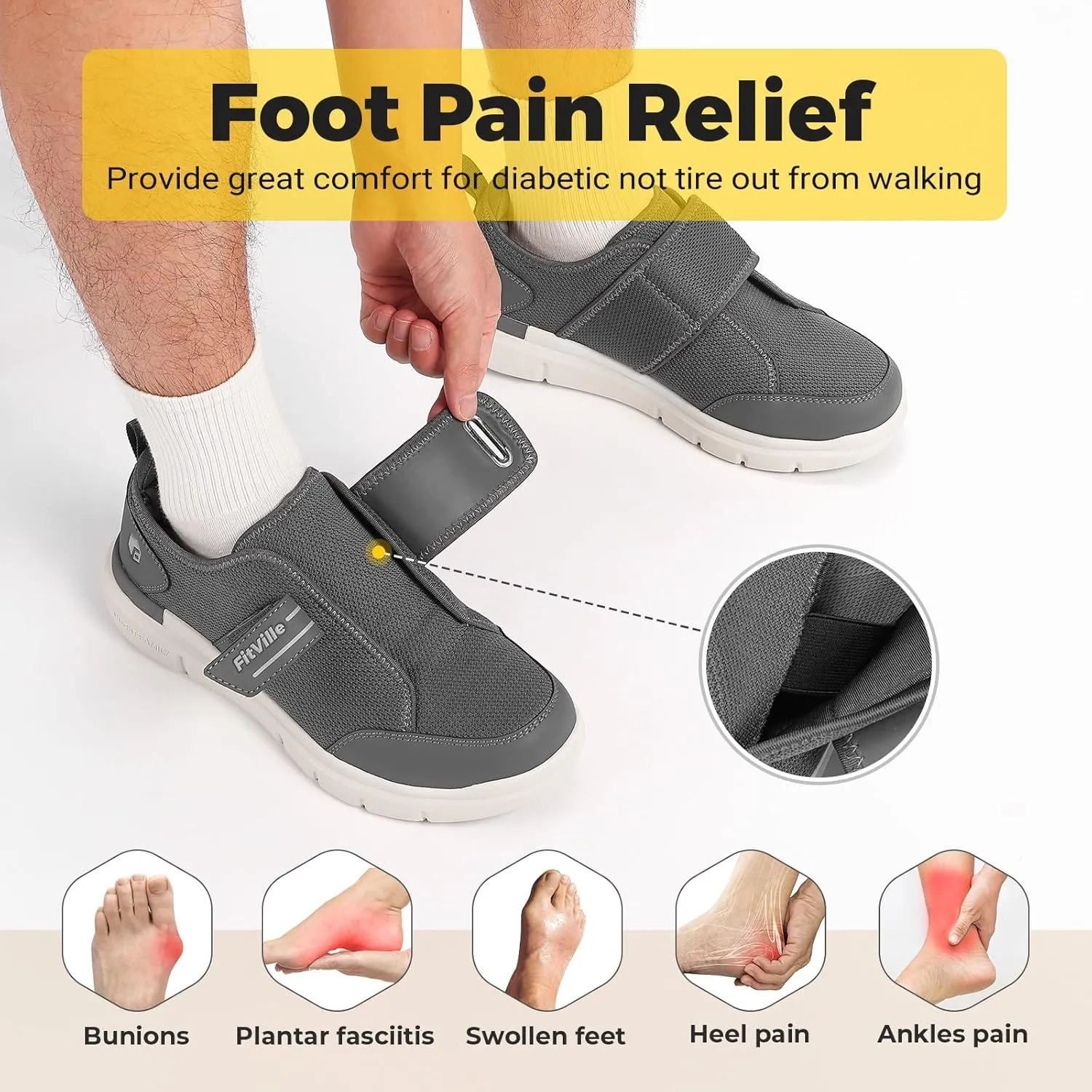 FitVille Diabetic Shoes for Men Extra Wide, Hook and Loop Walking Shoes for Elderly for Swollen Feet Foot Pain Relief Neuropathy - EasyTop V10