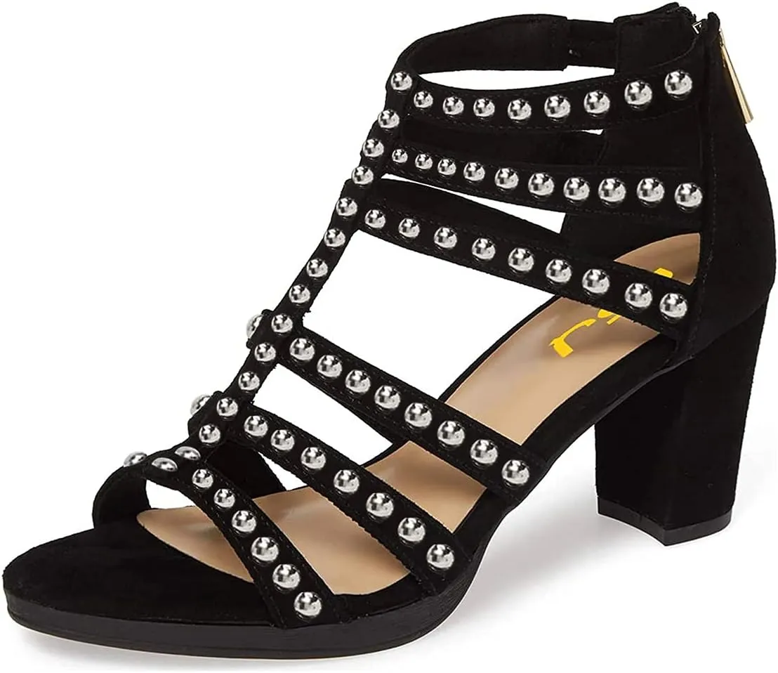 FSJ Women Chunky Mid High Heel Sandals Open Toe T-Strap Pumps Cutout Dress Party Prom Office Strappy Shoes Elastic Back Zipper Size 4-15 US