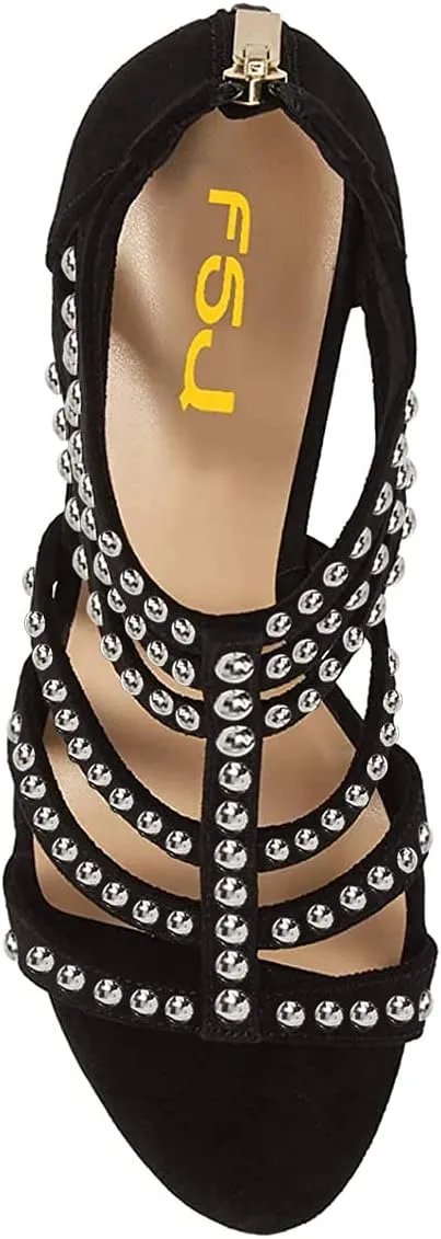 FSJ Women Chunky Mid High Heel Sandals Open Toe T-Strap Pumps Cutout Dress Party Prom Office Strappy Shoes Elastic Back Zipper Size 4-15 US