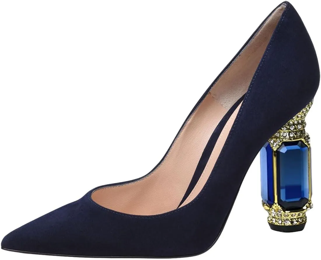 FSJ Women Gorgeous Pointed Toe Crystal Block Chunky High Heel Pumps Slip On Ladies Wedding Evening Shoes Size 4-16 US