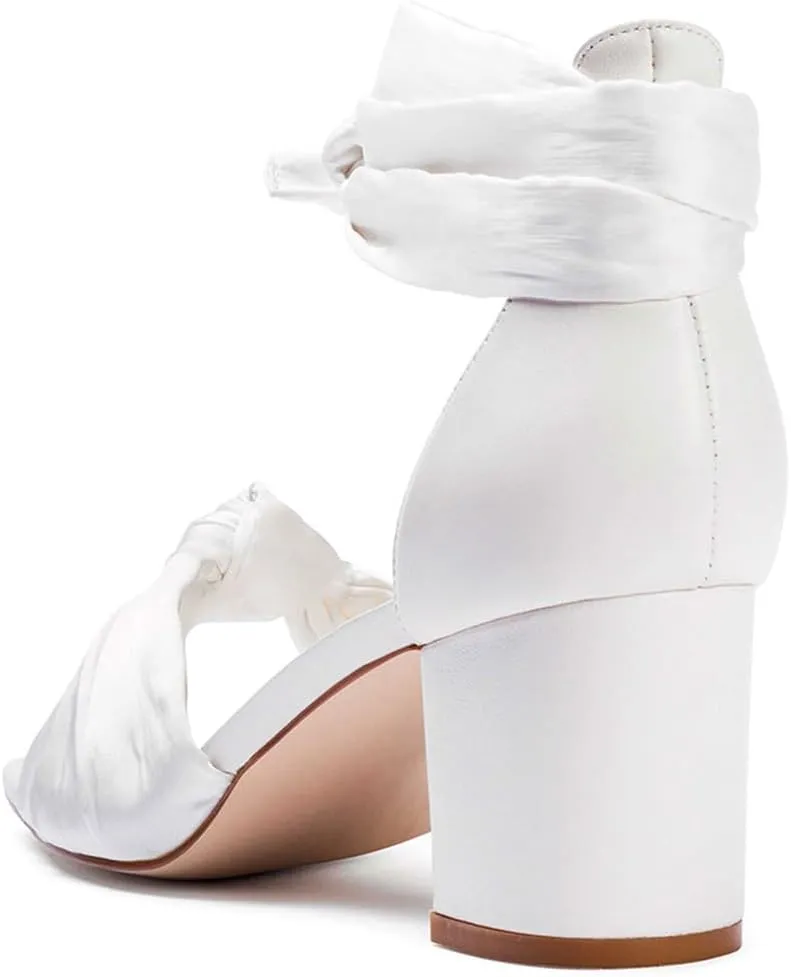 FSJ Women Lace Up Chunky Heel Strappy Sandals Square Open Toe Knot Comfortable Tie Up Block Heel Satin Bride Wedding Dress Shoes Size 4-16 US