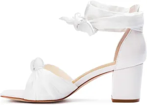 FSJ Women Lace Up Chunky Heel Strappy Sandals Square Open Toe Knot Comfortable Tie Up Block Heel Satin Bride Wedding Dress Shoes Size 4-16 US
