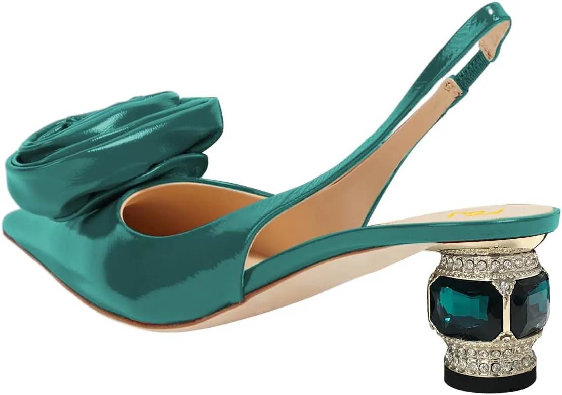 FSJ Women Pointy Toe Slingback Flower Pumps Crystal Block Low Heel Slip On Wedding Bridal Dress Shoes Size 4-16 US