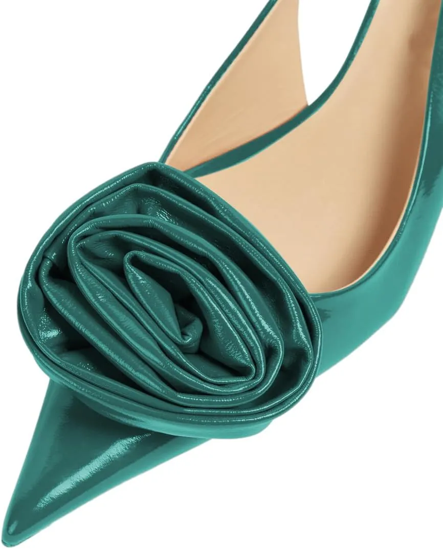 FSJ Women Pointy Toe Slingback Flower Pumps Crystal Block Low Heel Slip On Wedding Bridal Dress Shoes Size 4-16 US