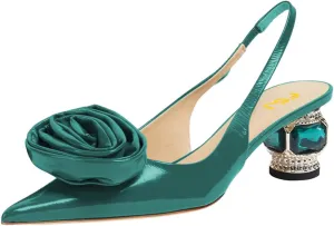 FSJ Women Pointy Toe Slingback Flower Pumps Crystal Block Low Heel Slip On Wedding Bridal Dress Shoes Size 4-16 US