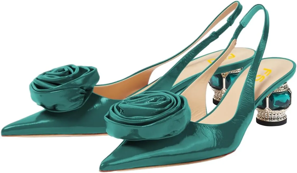 FSJ Women Pointy Toe Slingback Flower Pumps Crystal Block Low Heel Slip On Wedding Bridal Dress Shoes Size 4-16 US