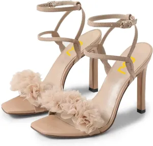 FSJ Women Sexy Mesh Flower Open Toe Stiletto High Heel Sandals Ankle Strap Buckle Party Evening Dress Shoes Size 4-15 US