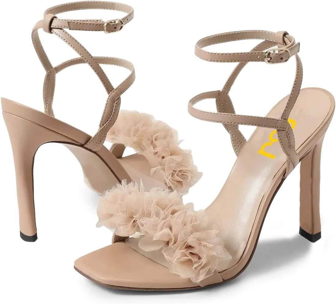 FSJ Women Sexy Mesh Flower Open Toe Stiletto High Heel Sandals Ankle Strap Buckle Party Evening Dress Shoes Size 4-15 US