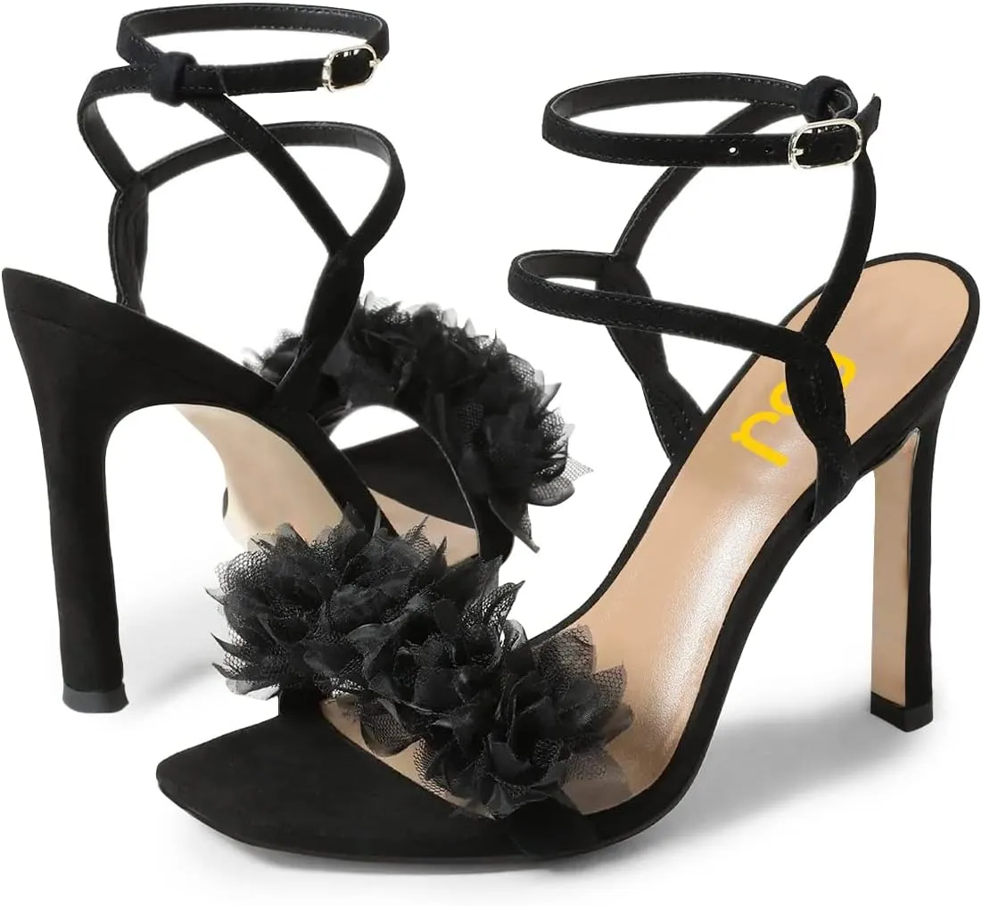 FSJ Women Sexy Mesh Flower Open Toe Stiletto High Heel Sandals Ankle Strap Buckle Party Evening Dress Shoes Size 4-15 US