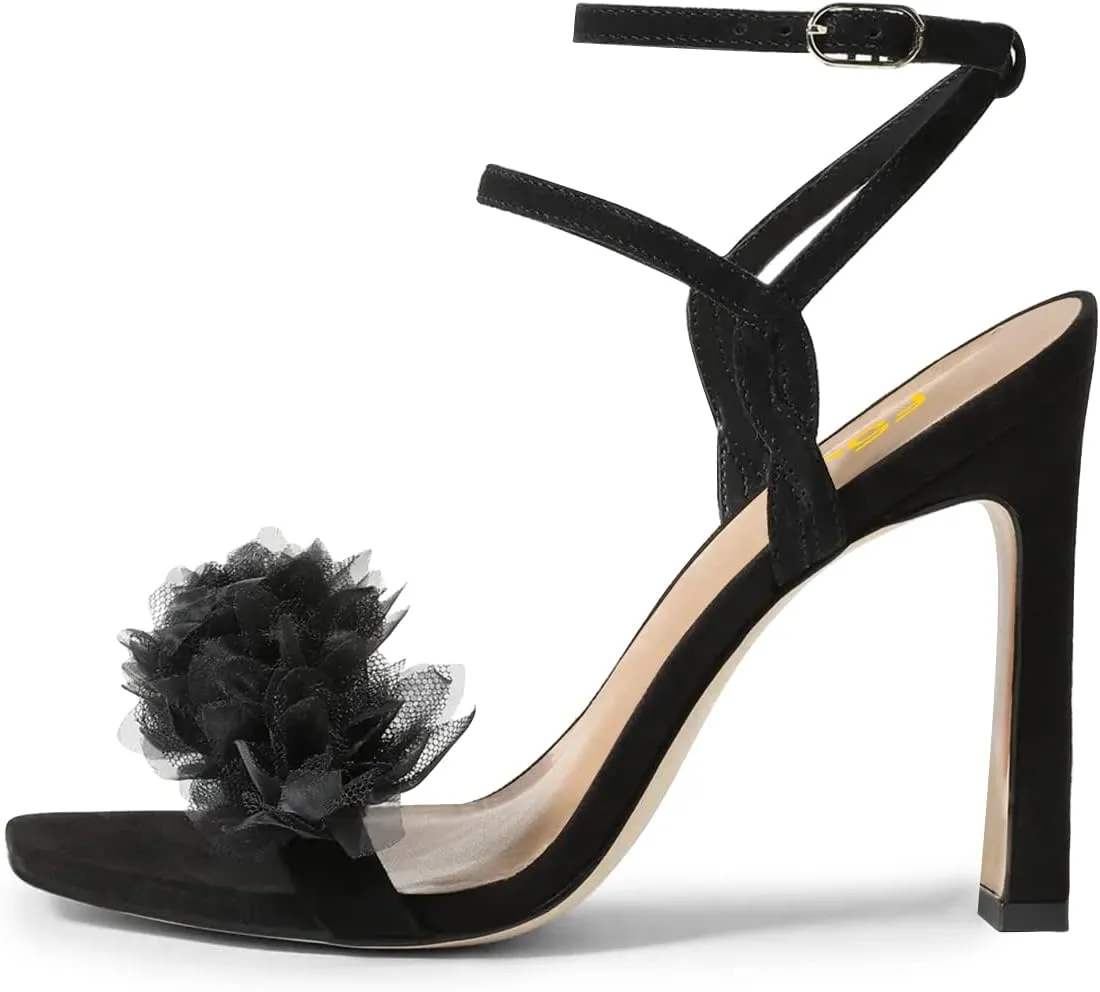 FSJ Women Sexy Mesh Flower Open Toe Stiletto High Heel Sandals Ankle Strap Buckle Party Evening Dress Shoes Size 4-15 US