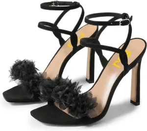 FSJ Women Sexy Mesh Flower Open Toe Stiletto High Heel Sandals Ankle Strap Buckle Party Evening Dress Shoes Size 4-15 US