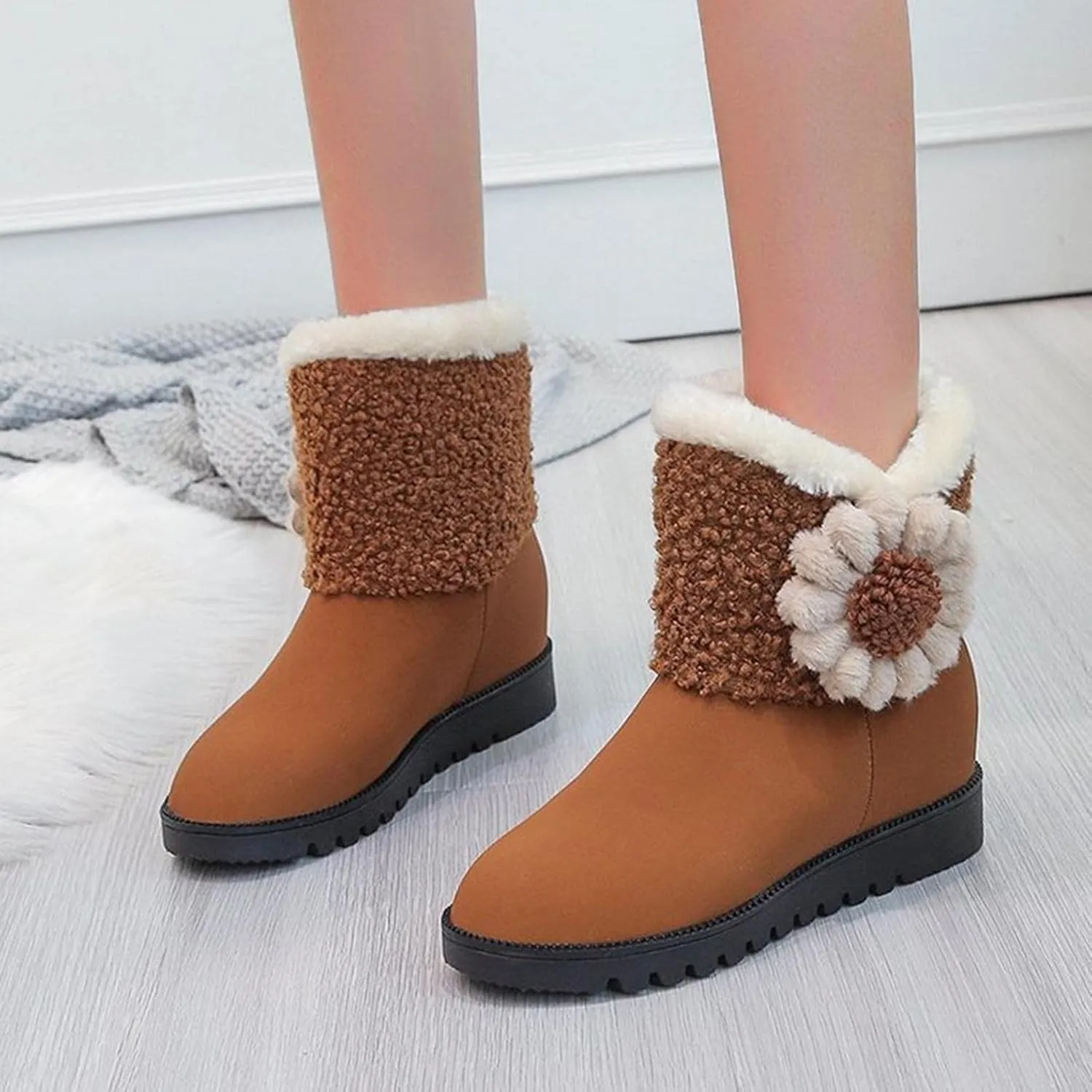 Hbeylia Platform Winter Snow Boots For Women Girls Flower Knit Fashion Plush Fur Lined Warm Suede Wedge Low Heels Ankle Booties Thermal Fleece Lining Non Slip Dress Short Mid Calf Boots Winter Shoes