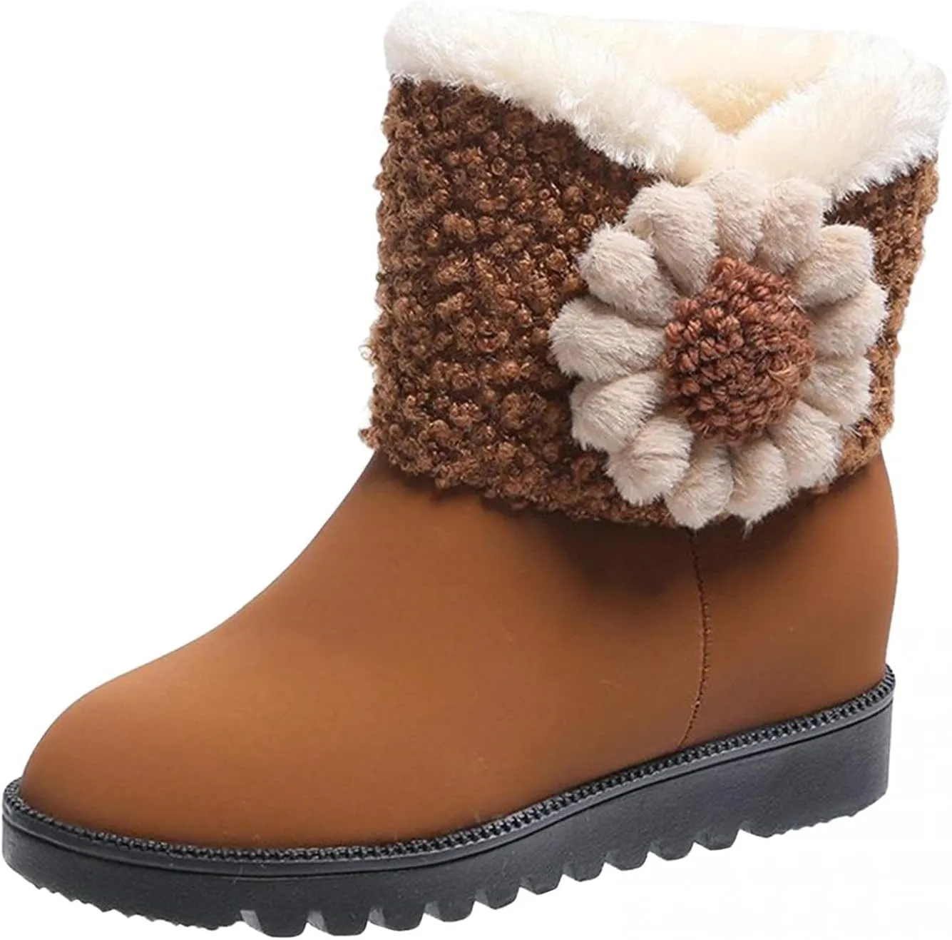 Hbeylia Platform Winter Snow Boots For Women Girls Flower Knit Fashion Plush Fur Lined Warm Suede Wedge Low Heels Ankle Booties Thermal Fleece Lining Non Slip Dress Short Mid Calf Boots Winter Shoes