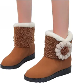 Hbeylia Platform Winter Snow Boots For Women Girls Flower Knit Fashion Plush Fur Lined Warm Suede Wedge Low Heels Ankle Booties Thermal Fleece Lining Non Slip Dress Short Mid Calf Boots Winter Shoes