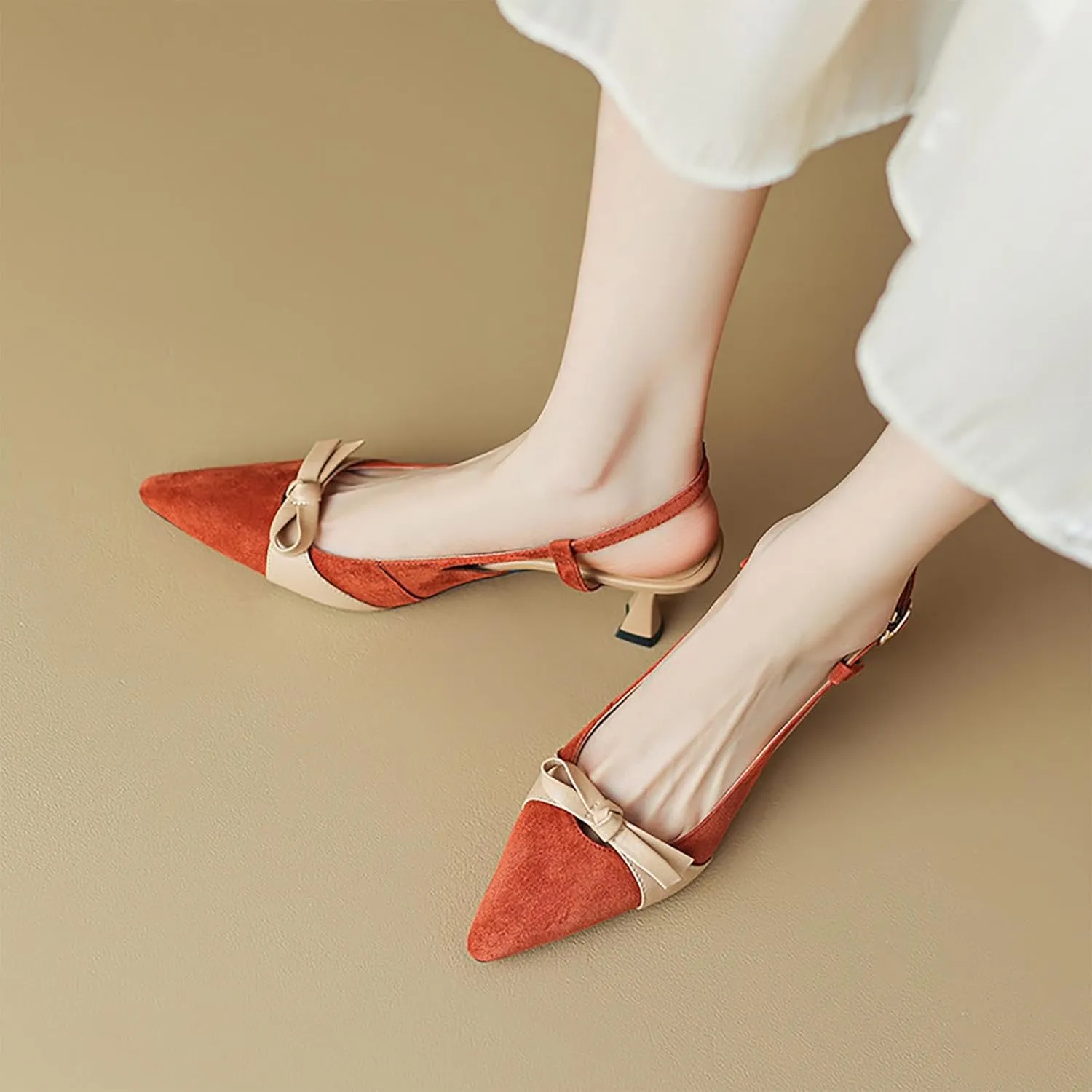 heelchic Closed Toe Slingback Kitten Heels for Women, Women's Pointed Toe Bow Low Pump Shoes, Sexy Comfortable Wedding Party Casual Dress Shoes